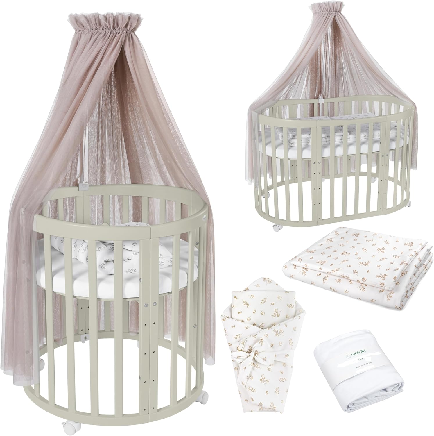 Waldin Oval Baby-Bett 7in1 – Mitwachsend, Gitterbett, Wickelkommode