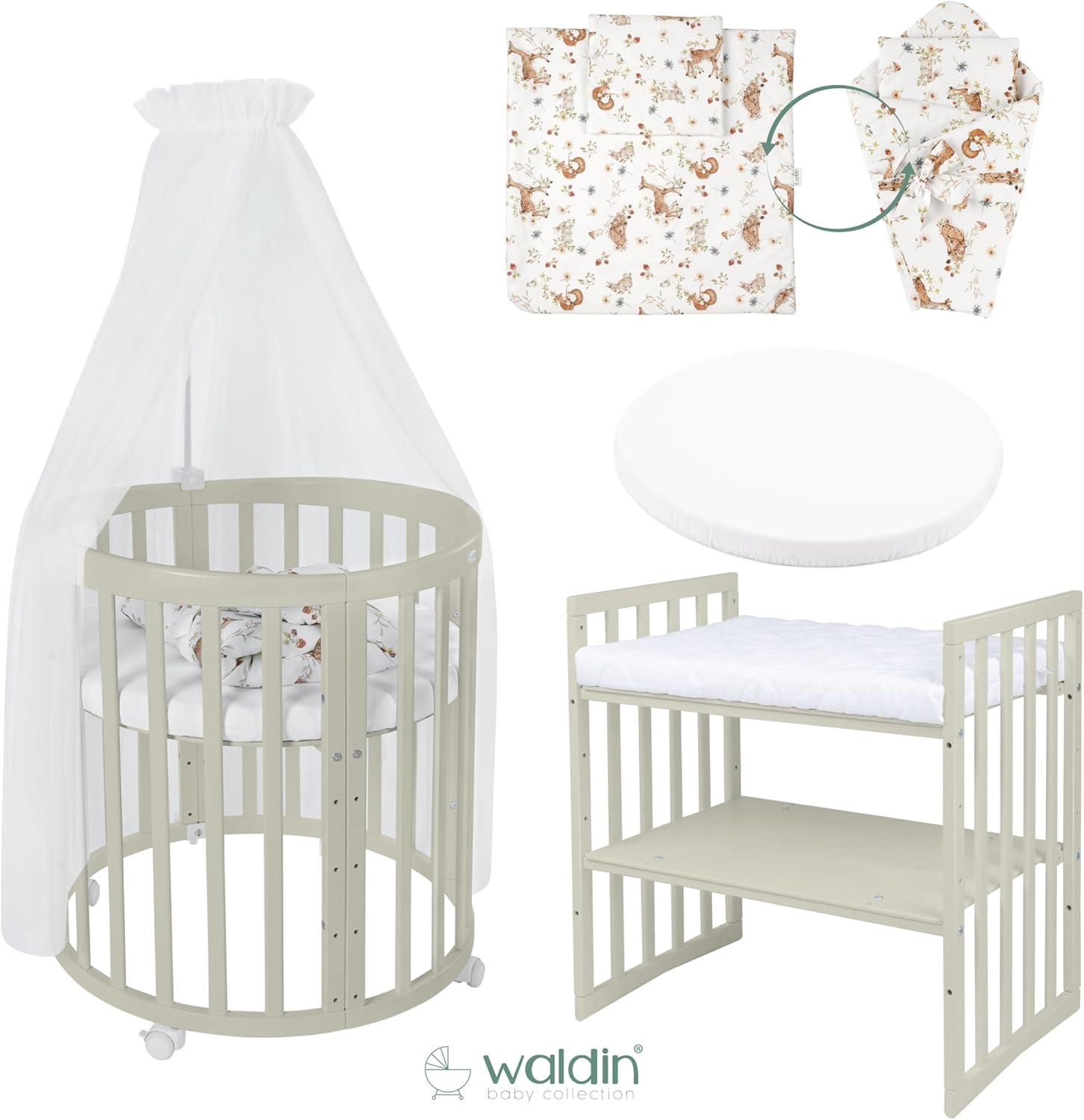 Waldin Oval Baby-Bett 7in1 – Mitwachsend, Gitterbett, Wickelkommode
