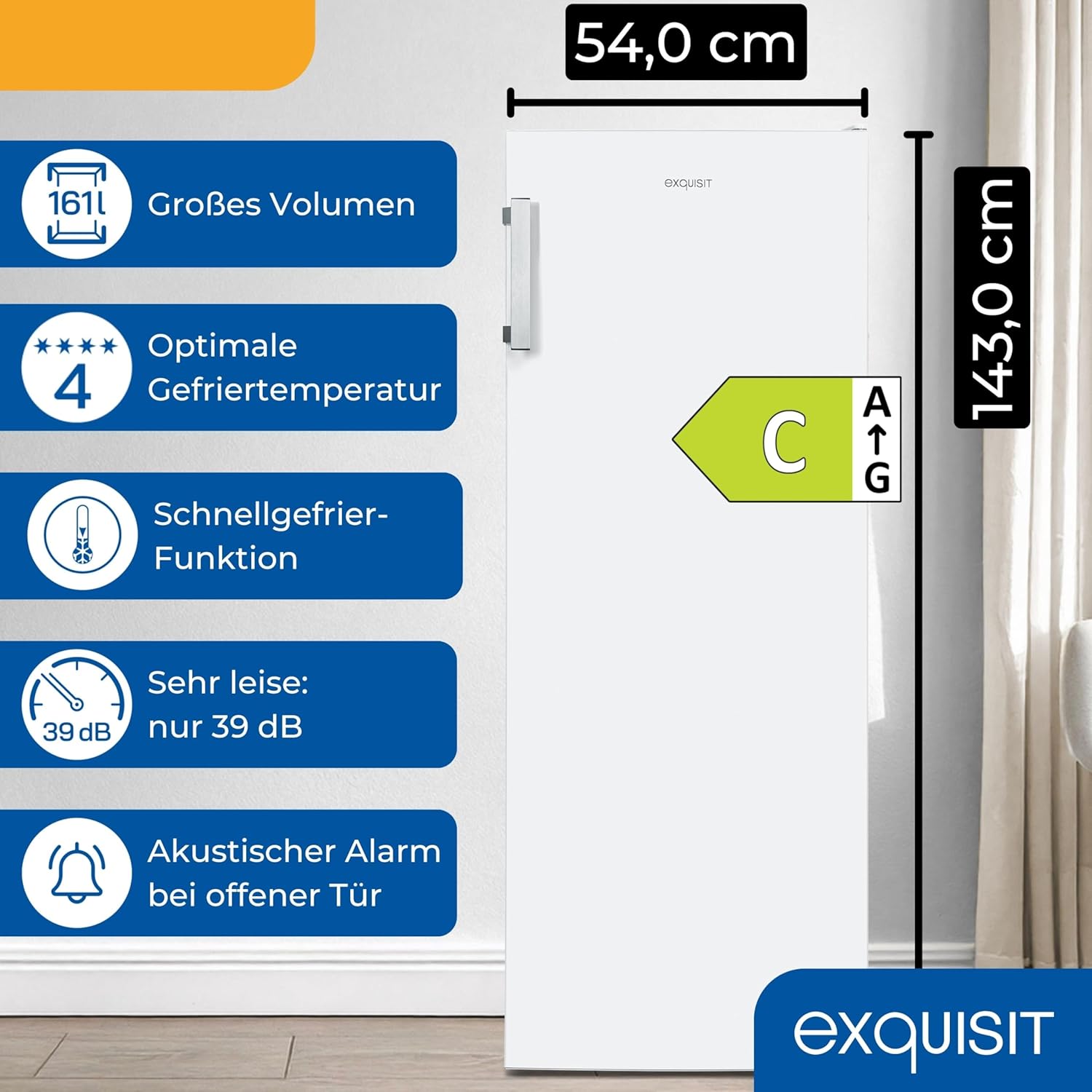 Exquisit Gefrierschrank GS5231-NF-H-040C – 161L Nutzinhalt, NoFrost, Türalarm