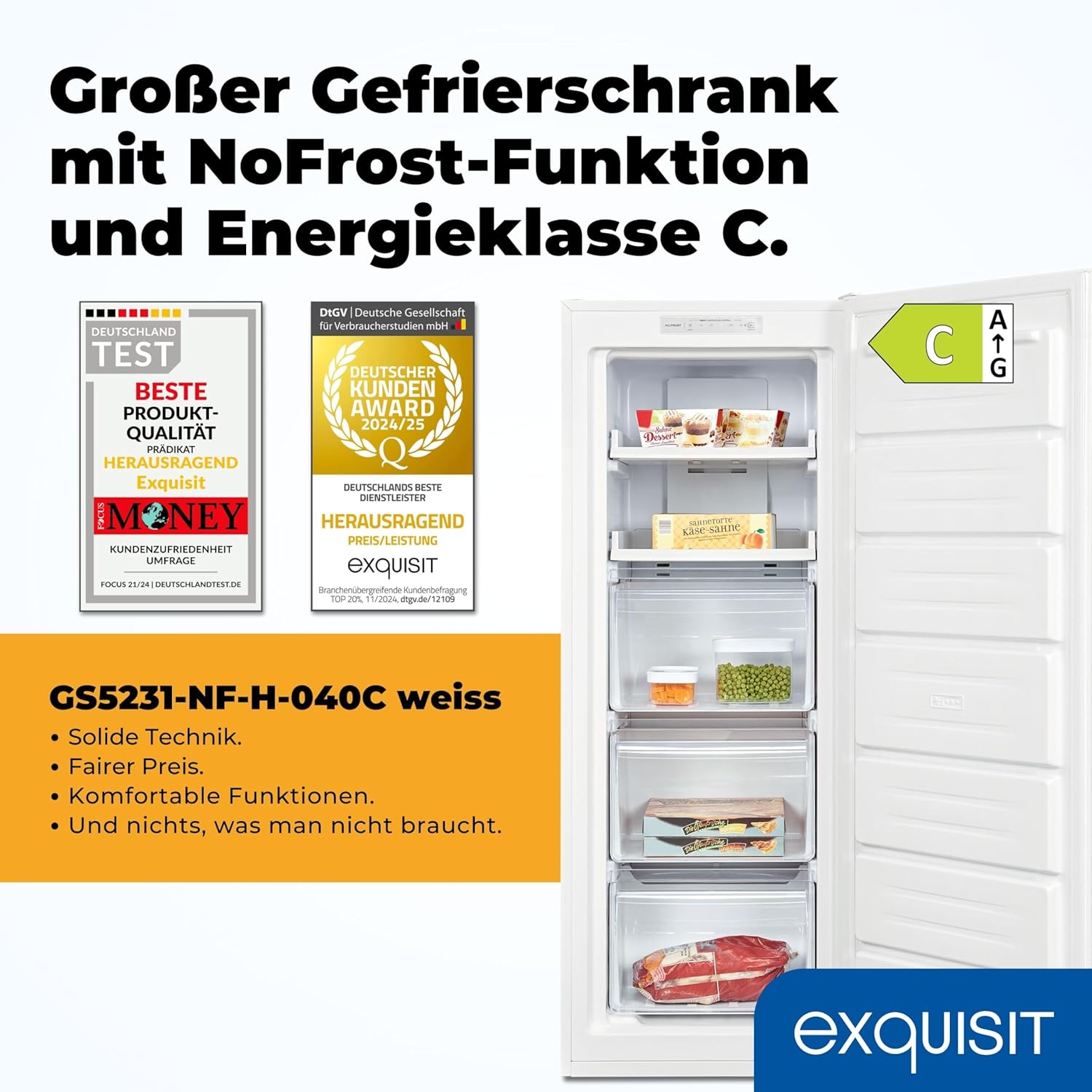 Exquisit Gefrierschrank GS5231-NF-H-040C – 161L Nutzinhalt, NoFrost, Türalarm
