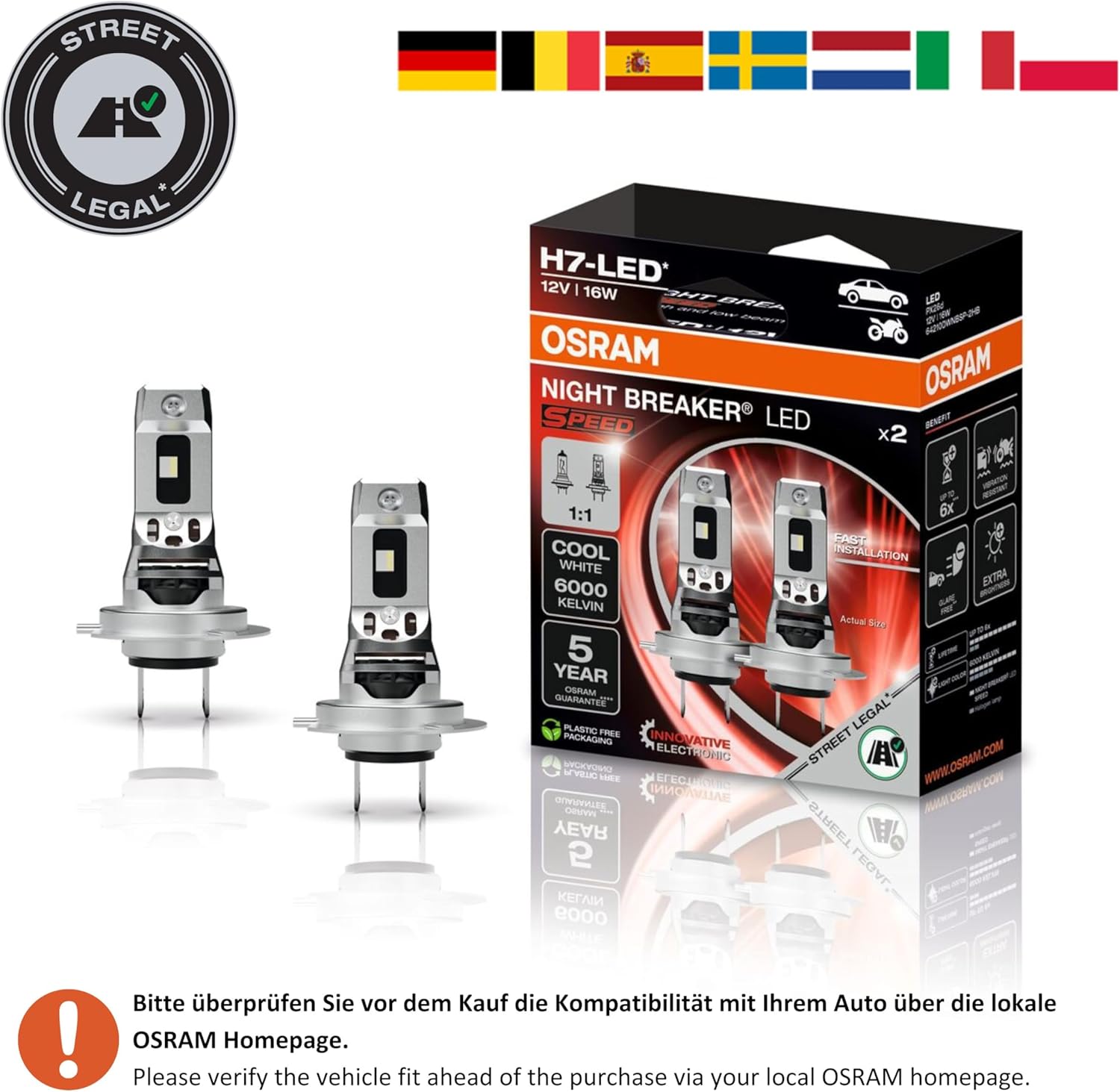 Osram Night Breaker LED Speed H7 – Straßenzugelassene LED Scheinwerferlampe, 6000K, Plug & Play