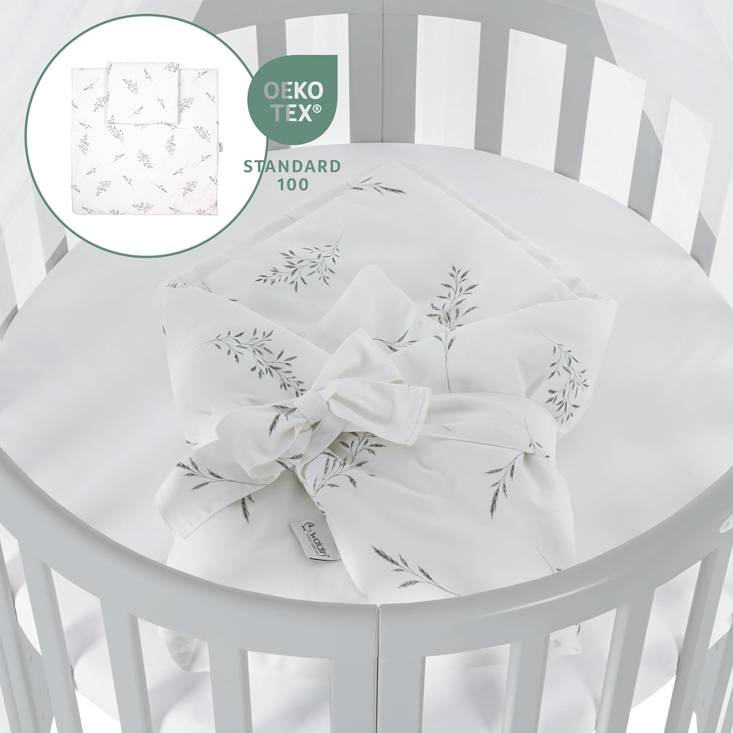 Waldin Oval Baby-Bett 7in1 – Mitwachsend, Gitterbett, Wickelkommode