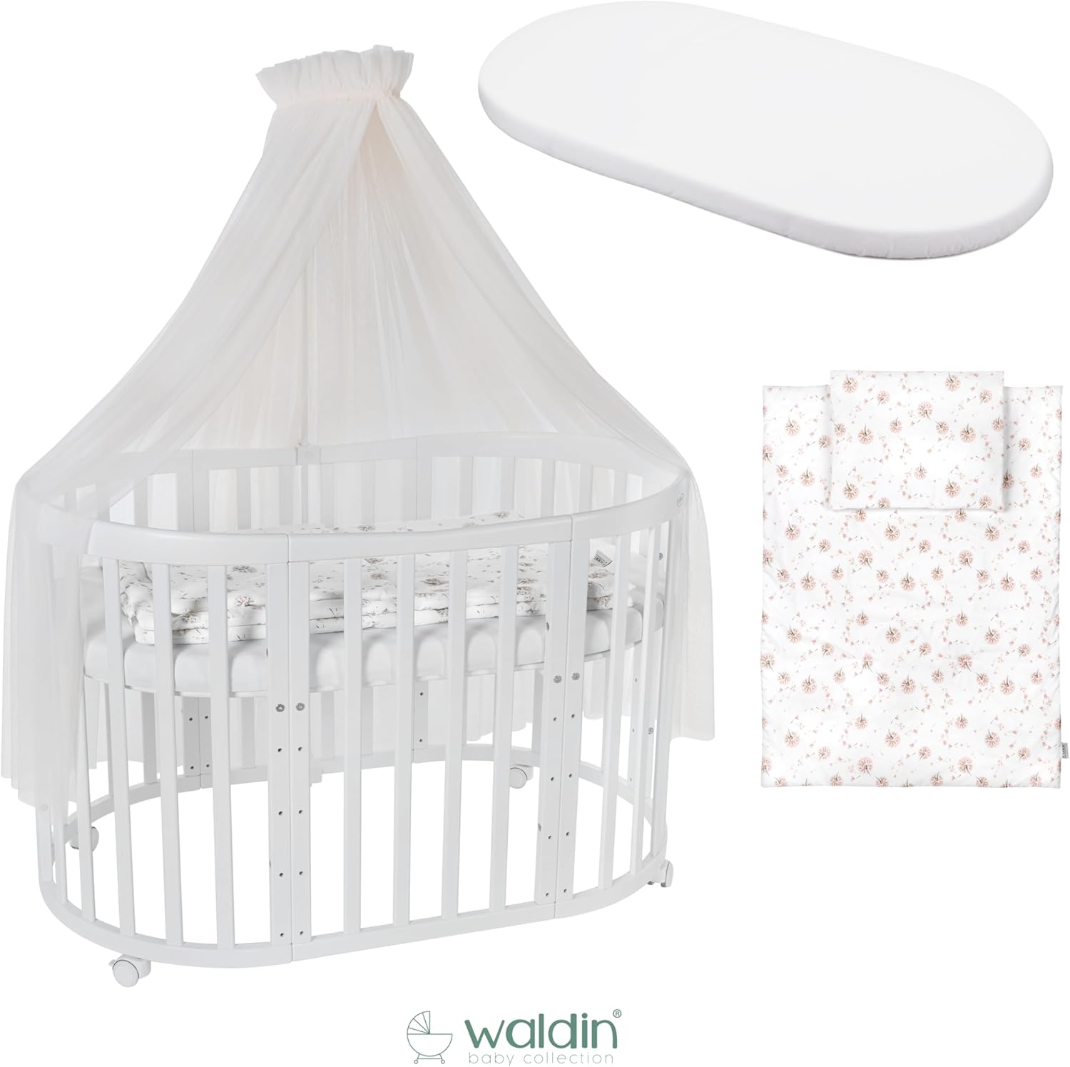 Waldin Oval Baby-Bett 7in1 – Mitwachsend, Gitterbett, Wickelkommode