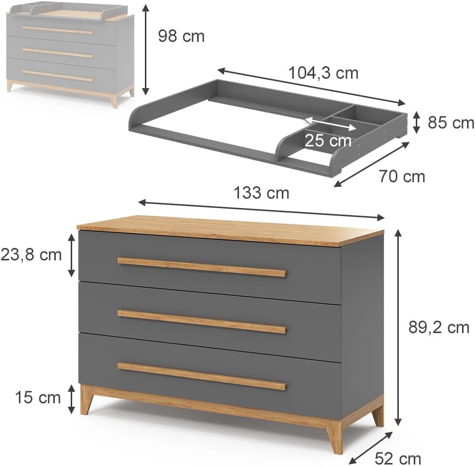 VitaliSpa Wickelkommode Malia XL – 133 x 98 cm, 3 Schubladen, Weiß/Eiche