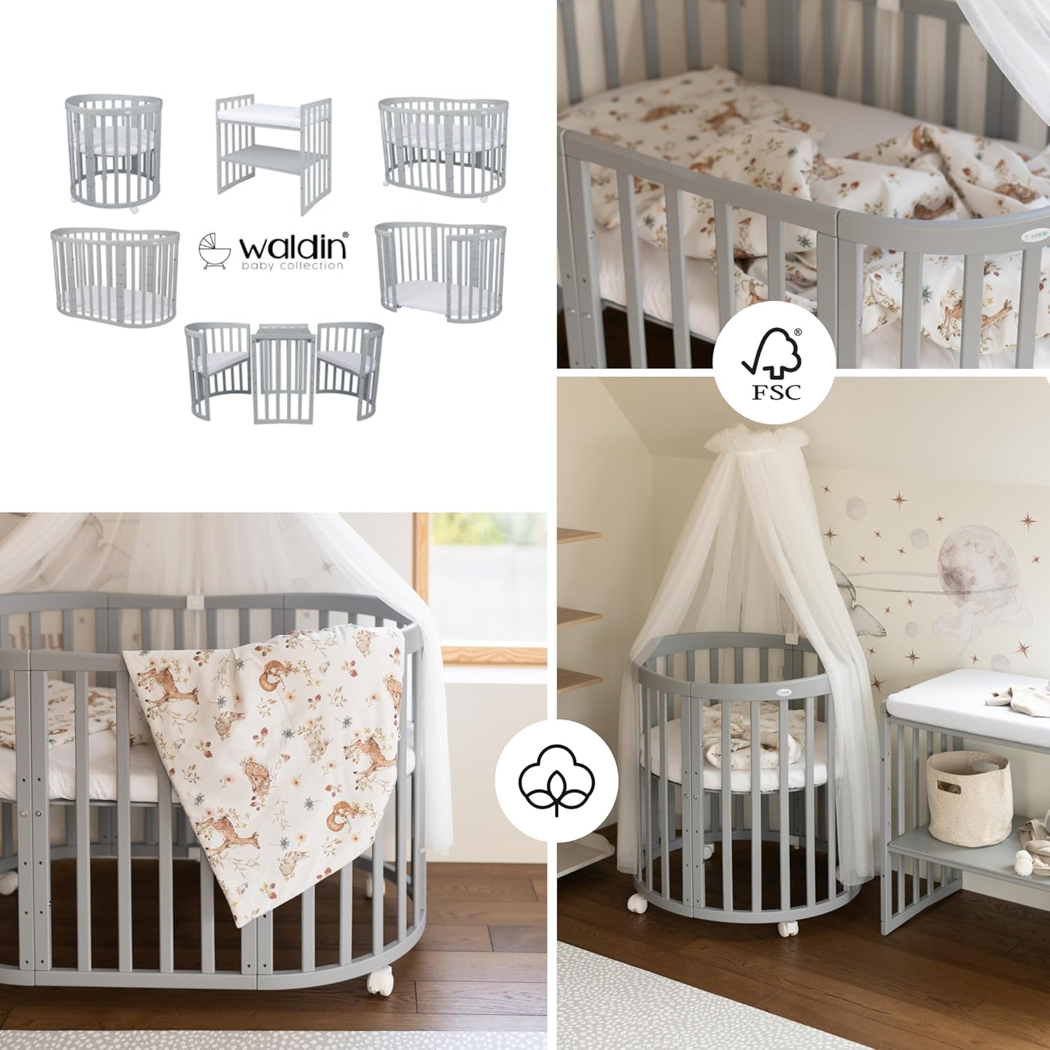 Waldin Oval Baby-Bett 7in1 – Mitwachsend, Gitterbett, Wickelkommode