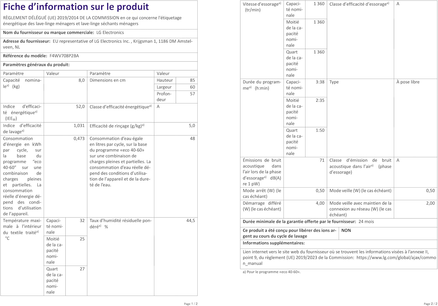 LG F4WV7080 Waschmaschine – 8 kg, 1400 U/min, AI Direct Drive