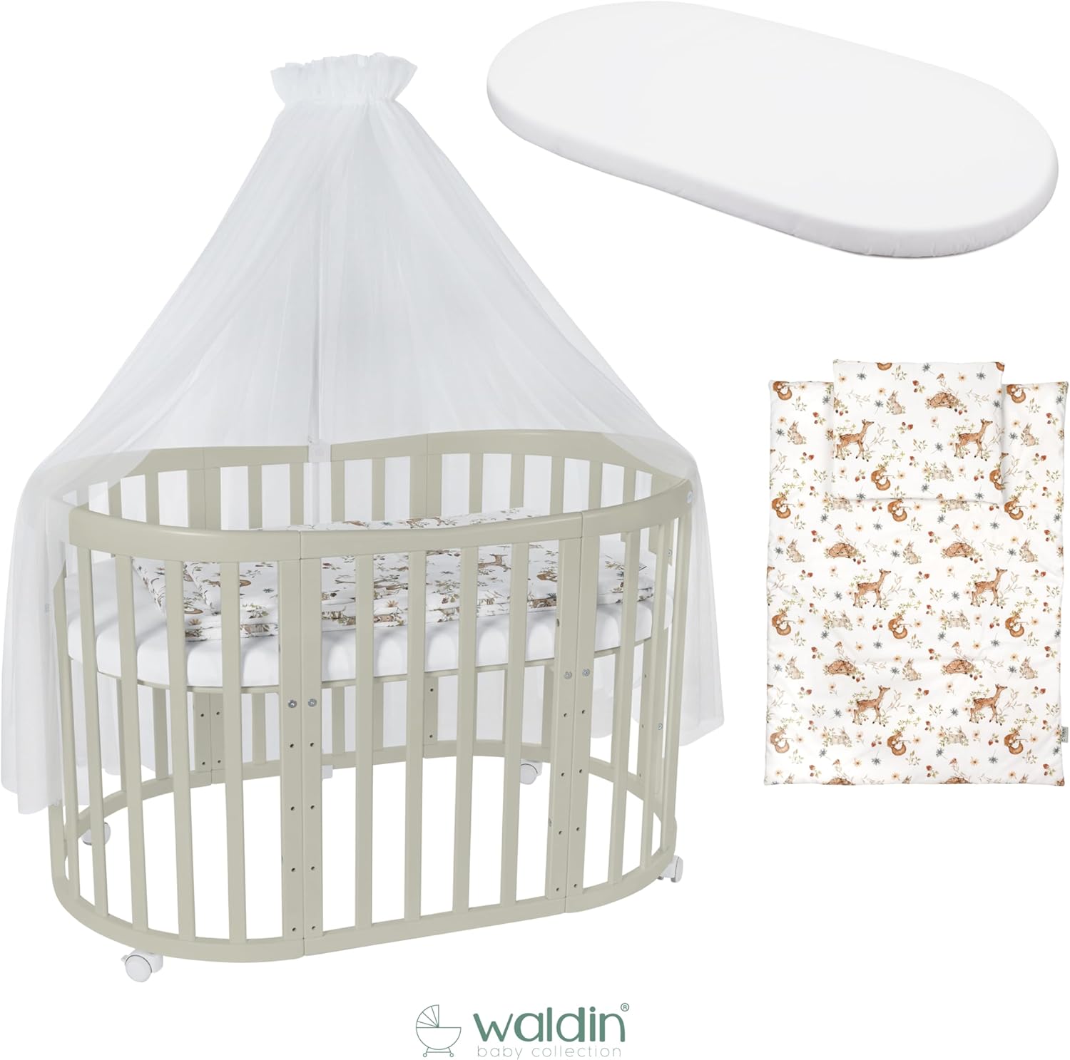 Waldin Oval Baby-Bett 7in1 – Mitwachsend, Gitterbett, Wickelkommode