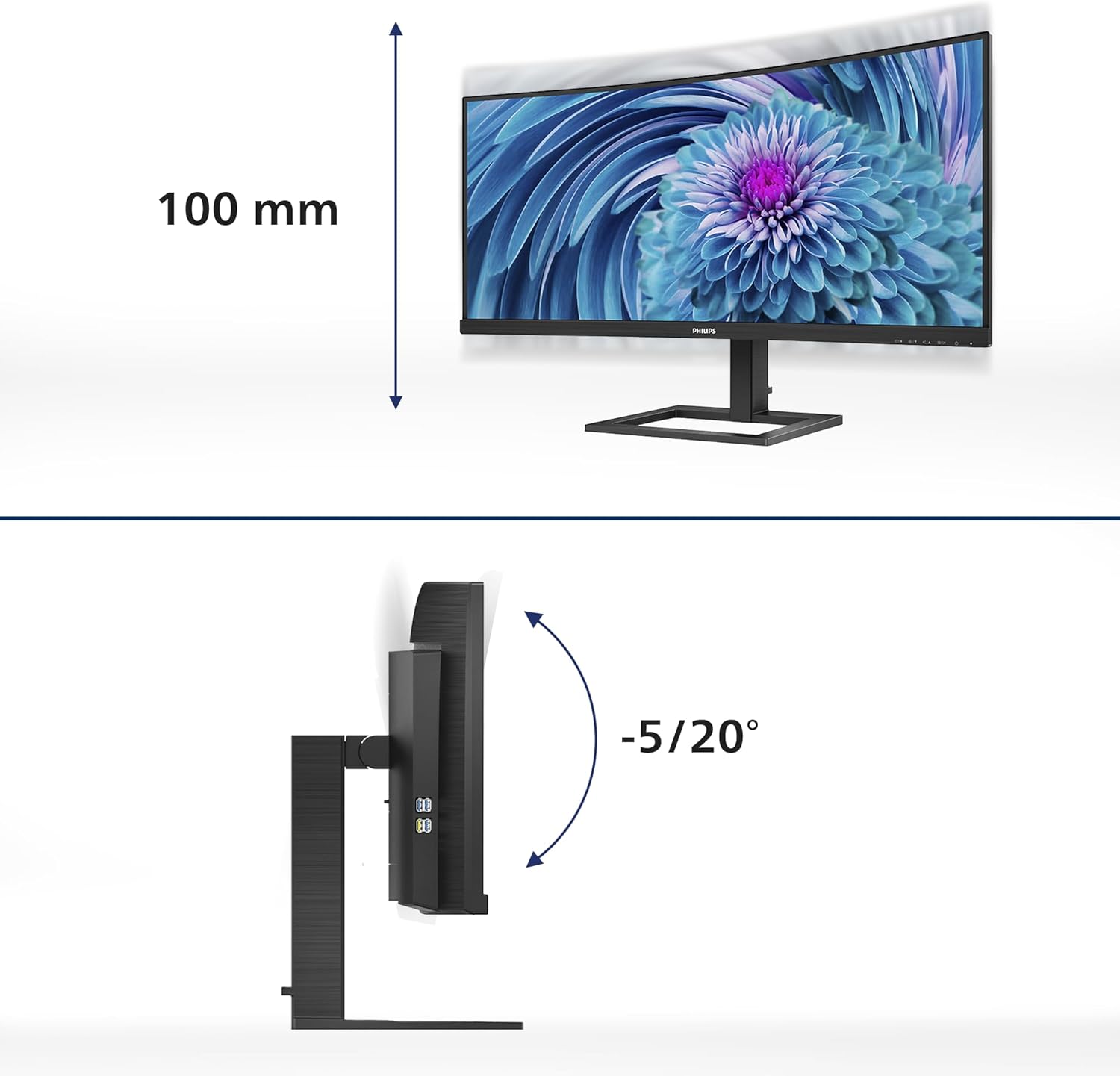 Philips 346E2CUAE – 34 Zoll Curved USB-C Monitor mit WQHD, Ambitler UltraWide & MultiView