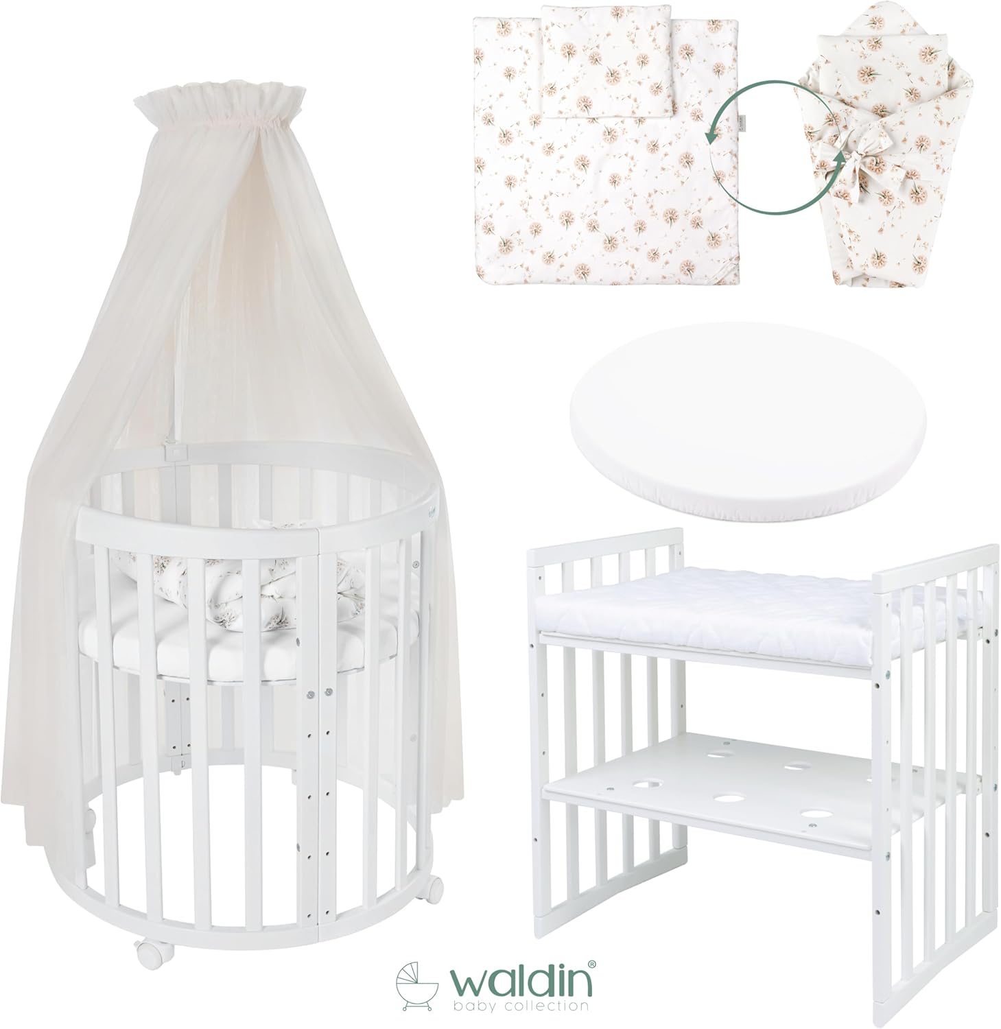 Waldin Oval Baby-Bett 7in1 – Mitwachsend, Gitterbett, Wickelkommode