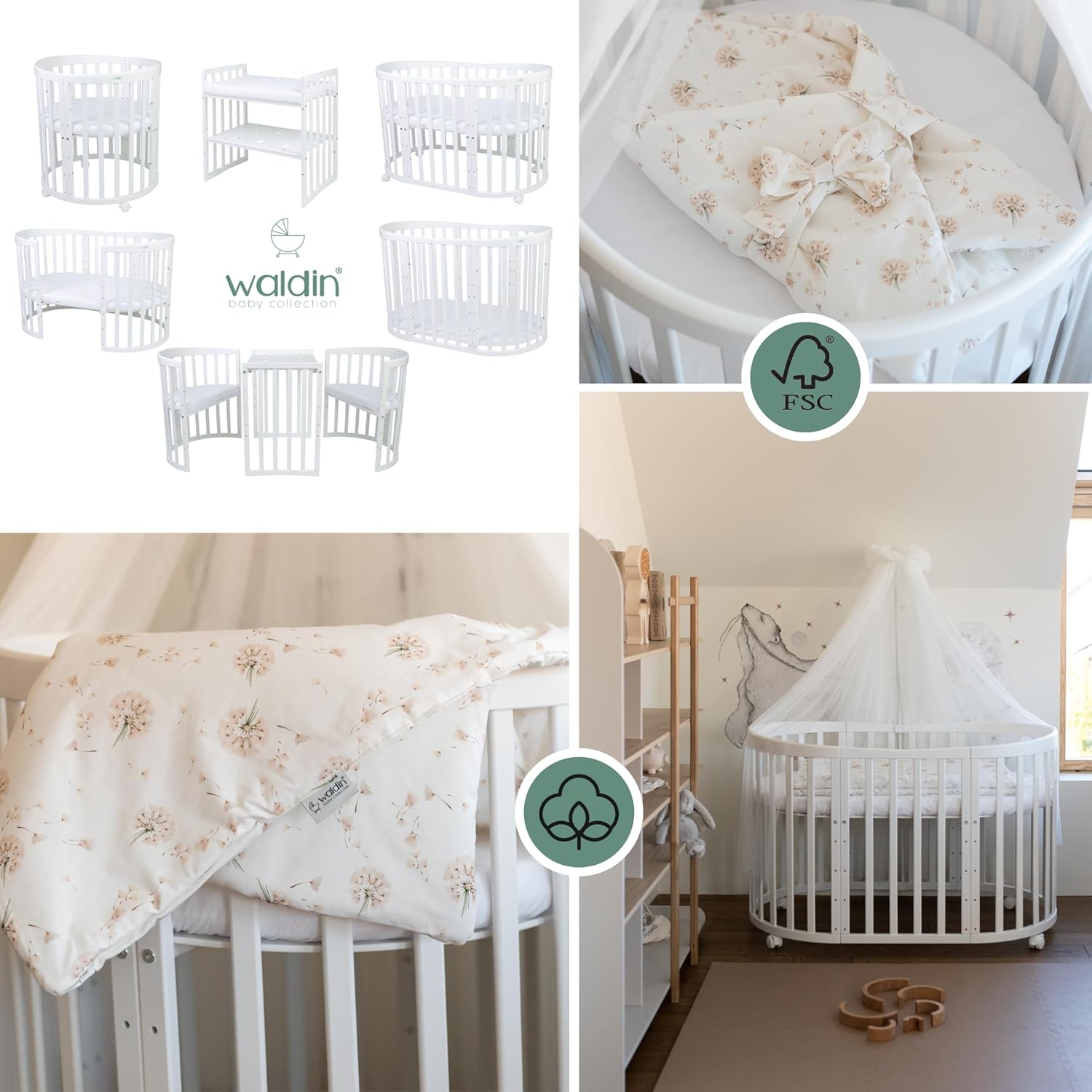Waldin Oval Baby-Bett 7in1 – Mitwachsend, Gitterbett, Wickelkommode