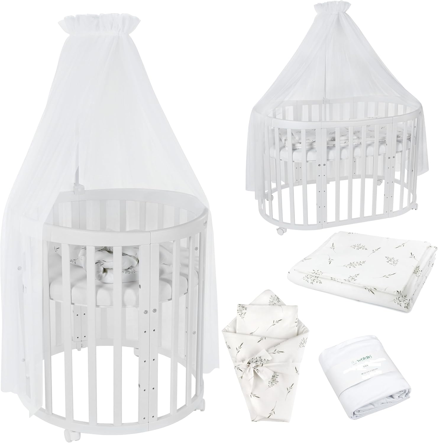 Waldin Oval Baby-Bett 7in1 – Mitwachsend, Gitterbett, Wickelkommode