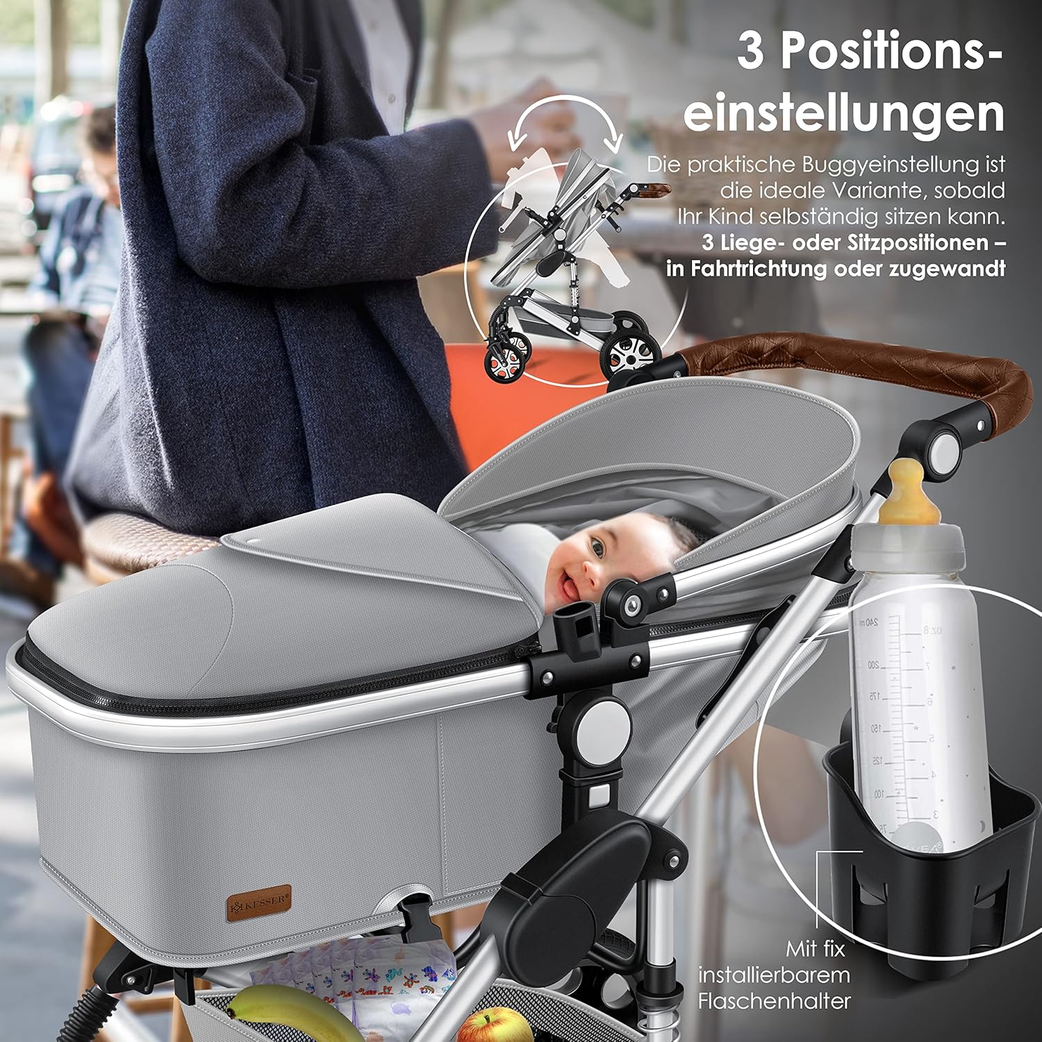 KESSER® Loops 3 in 1 Kinderwagen – Babywanne, Buggy Sportsitz, Auto-Babyschale