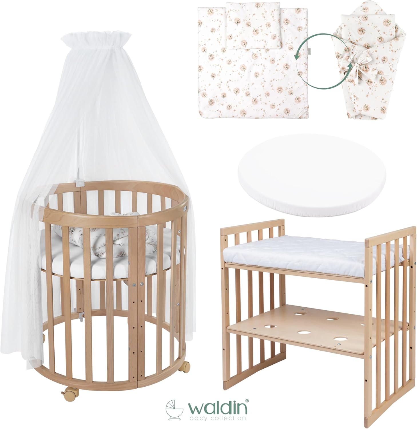 Waldin Oval Baby-Bett 7in1 – Mitwachsend, Gitterbett, Wickelkommode