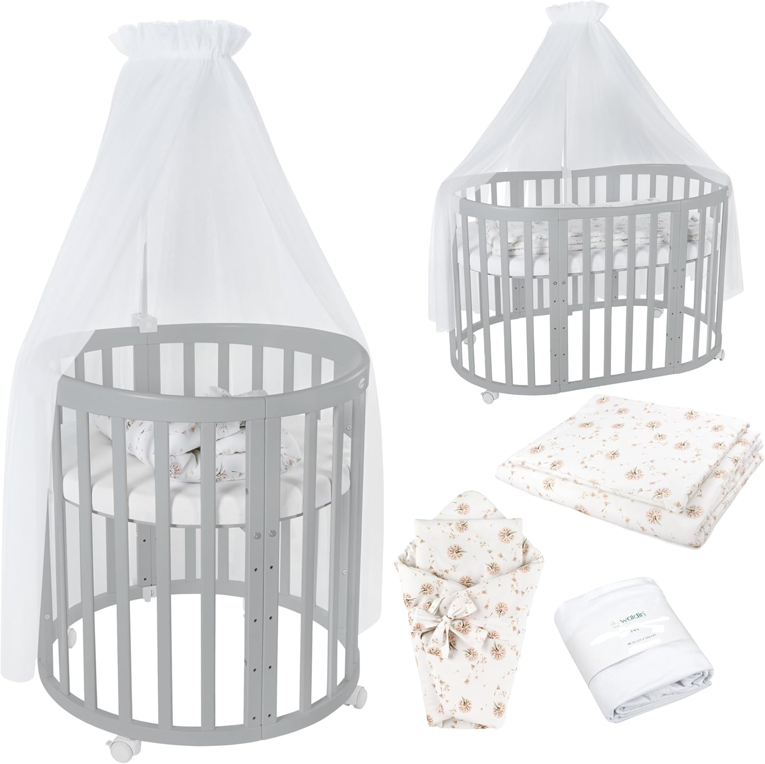 Waldin Oval Baby-Bett 7in1 – Mitwachsend, Gitterbett, Wickelkommode
