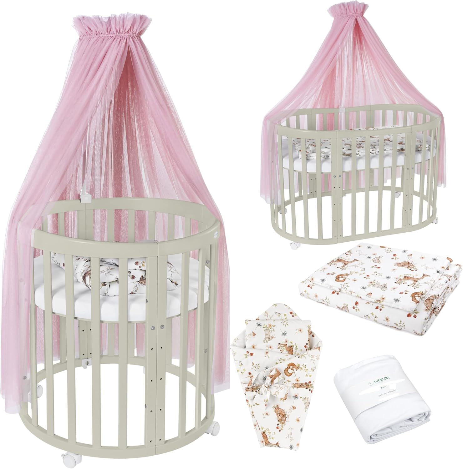 Waldin Oval Baby-Bett 7in1 – Mitwachsend, Gitterbett, Wickelkommode