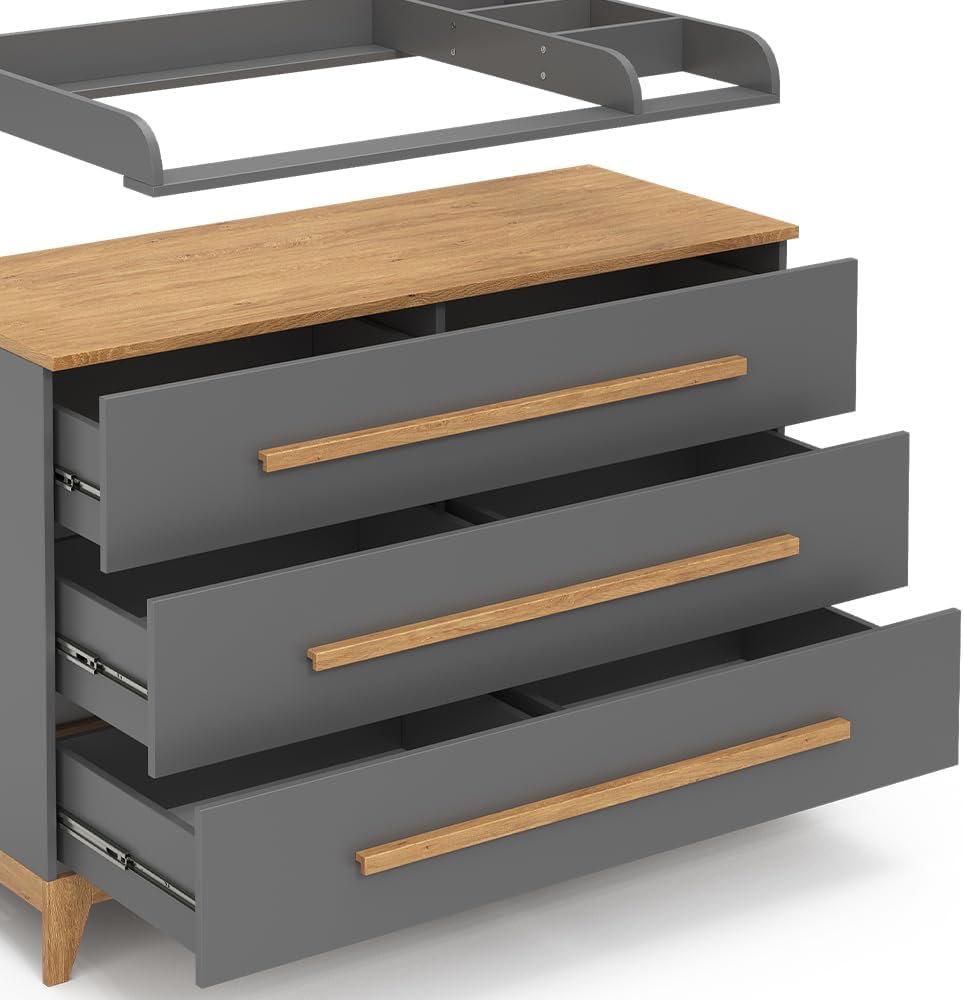 VitaliSpa Wickelkommode Malia XL – 133 x 98 cm, 3 Schubladen, Weiß/Eiche