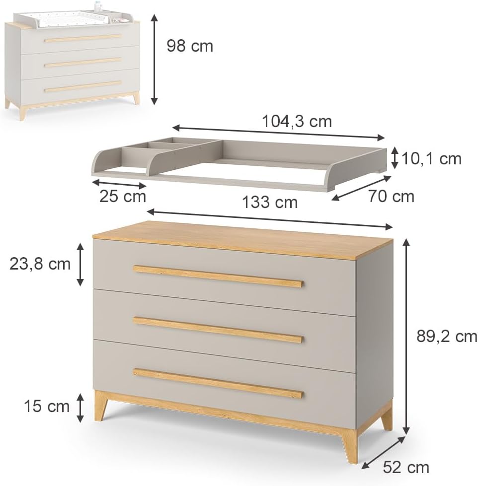 VitaliSpa Wickelkommode Malia XL – 133 x 98 cm, 3 Schubladen, Weiß/Eiche