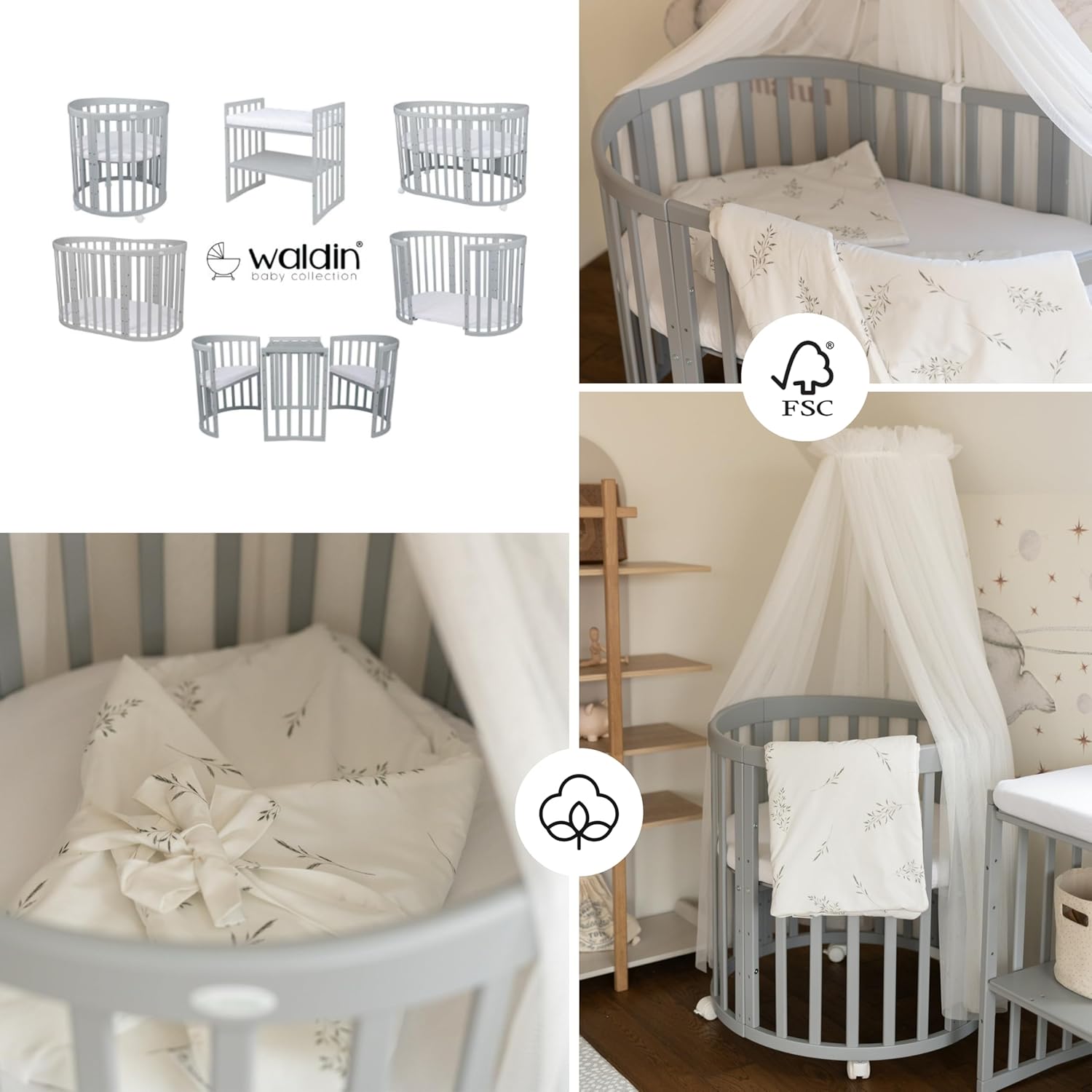 Waldin Oval Baby-Bett 7in1 – Mitwachsend, Gitterbett, Wickelkommode