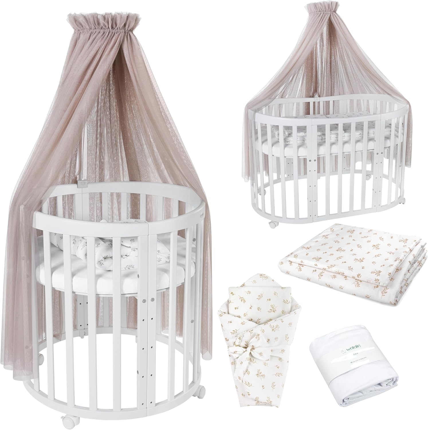 Waldin Oval Baby-Bett 7in1 – Mitwachsend, Gitterbett, Wickelkommode
