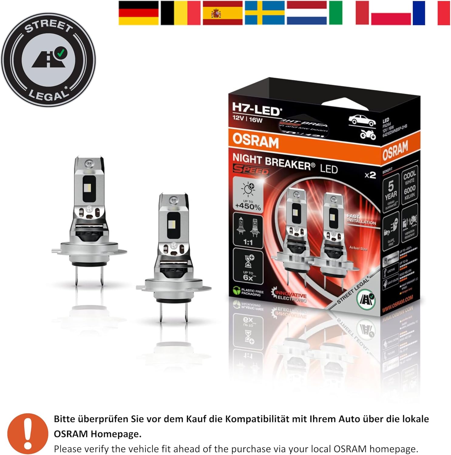 Osram Night Breaker LED Speed H7 – Straßenzugelassene LED Scheinwerferlampe, 6000K, Plug & Play