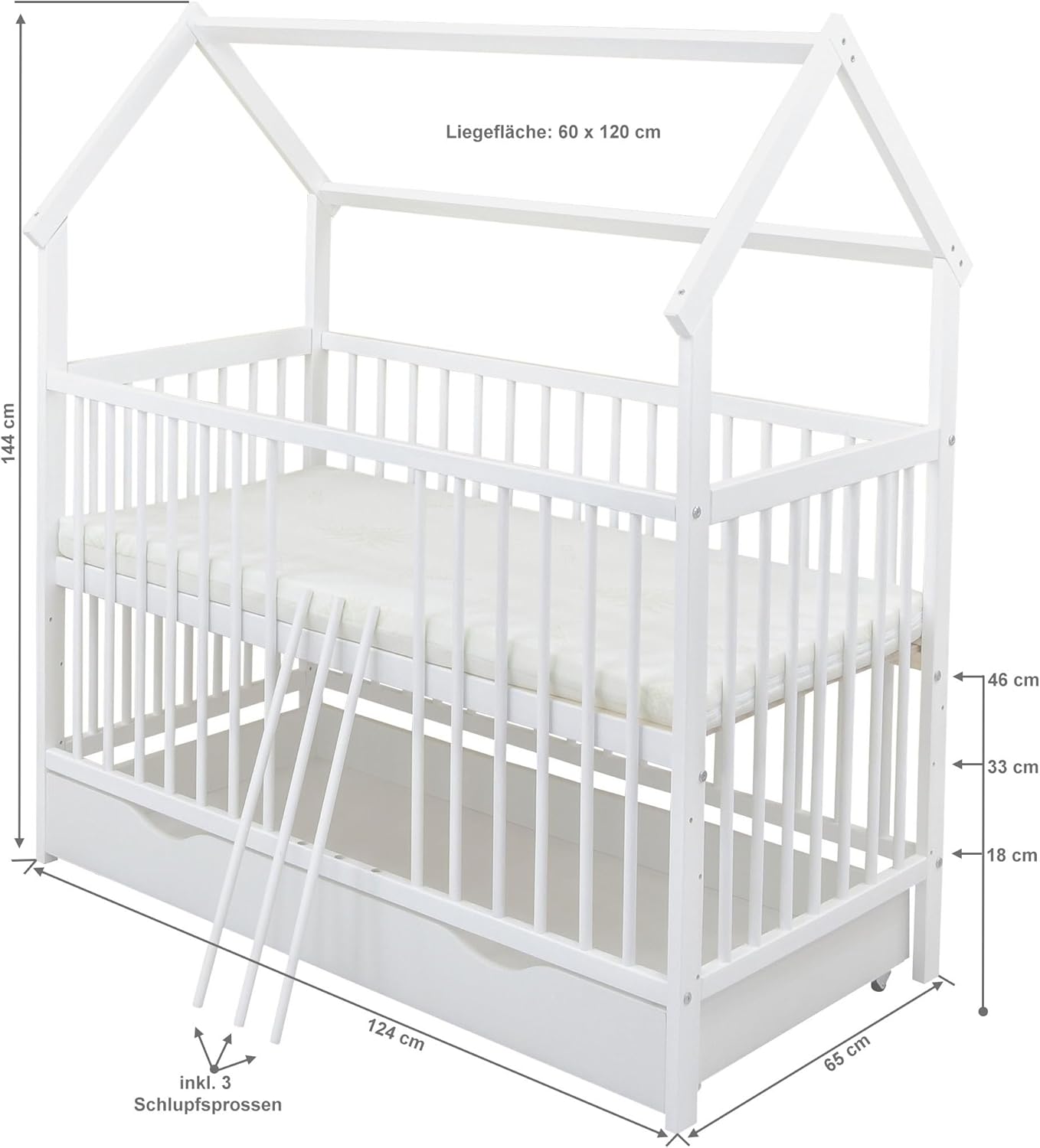 Baby Delux Babybett Hausbett – 60x120 cm, Komplett Set, Schublade & Rausfallschutz