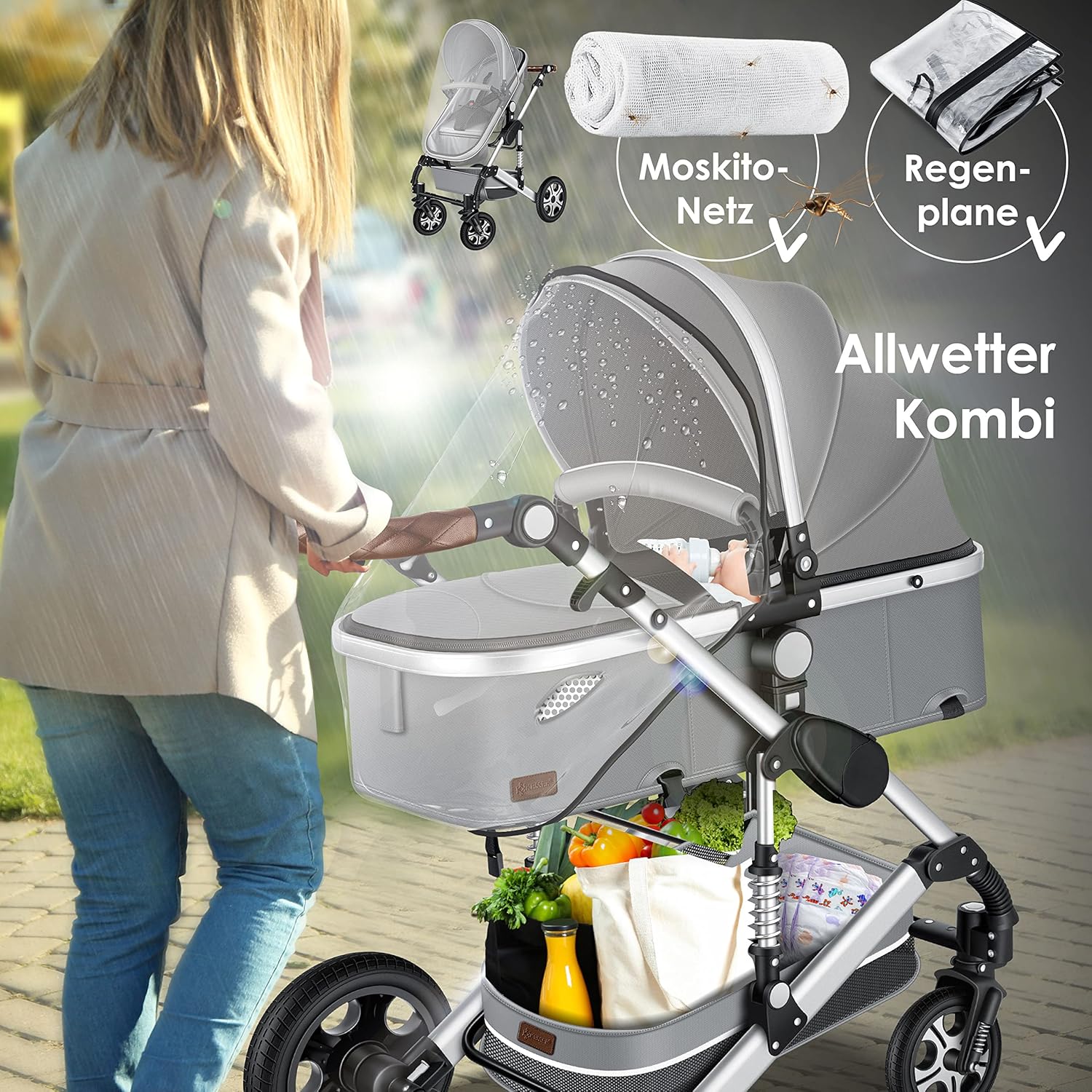 KESSER® Loops 3 in 1 Kinderwagen – Babywanne, Buggy Sportsitz, Auto-Babyschale