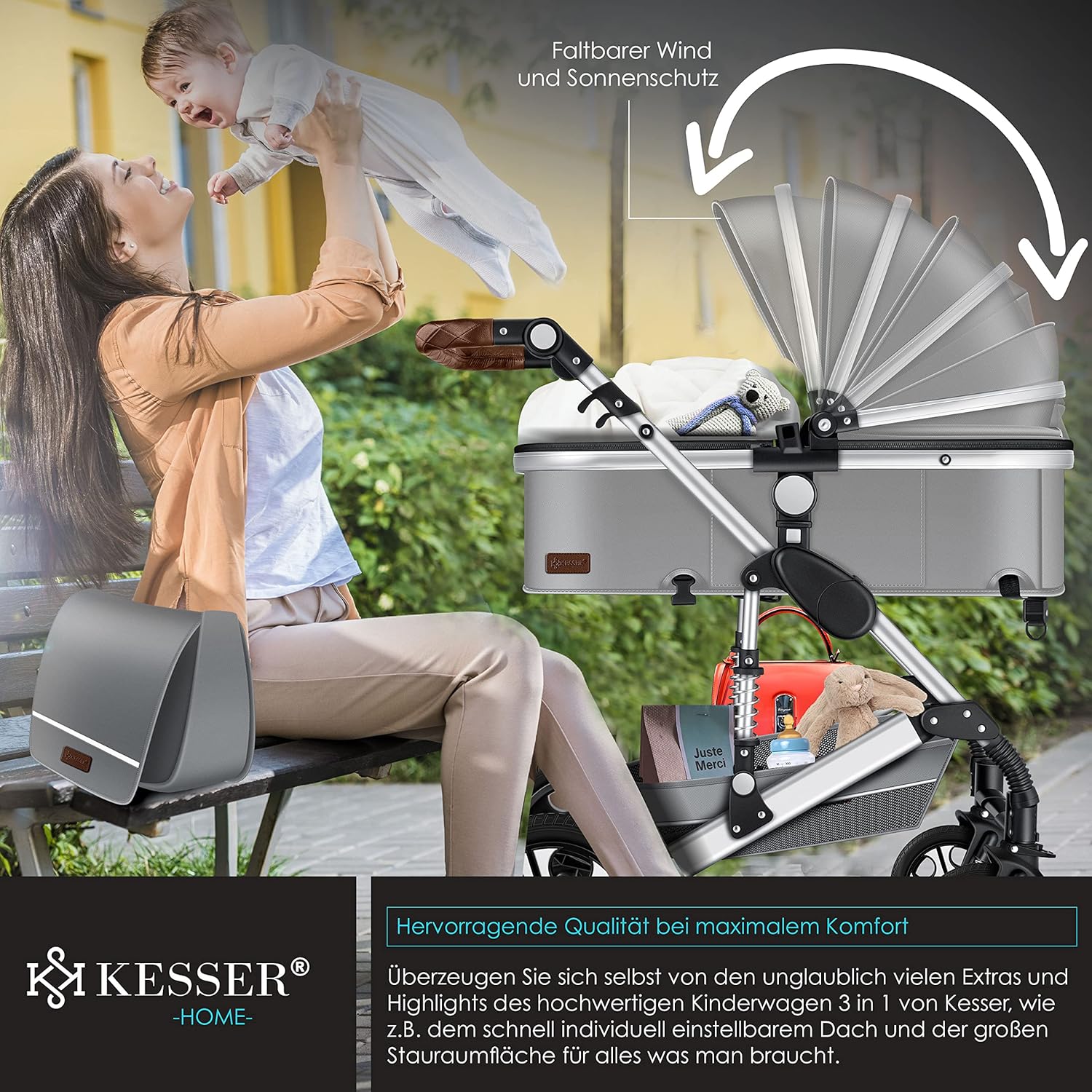 KESSER® Loops 3 in 1 Kinderwagen – Babywanne, Buggy Sportsitz, Auto-Babyschale