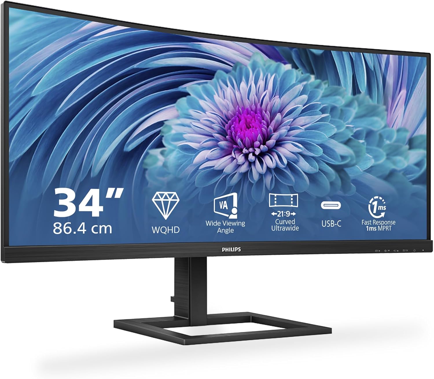 Philips 346E2CUAE – 34 Zoll Curved USB-C Monitor mit WQHD, Ambitler UltraWide & MultiView