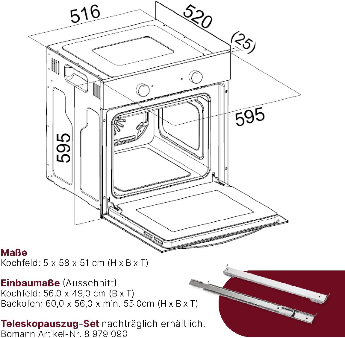 Bomann Elektroherd-Set EHBC 7936 IX – 56L Backofen, 4 Cerankochzonen, 9 Funktionen