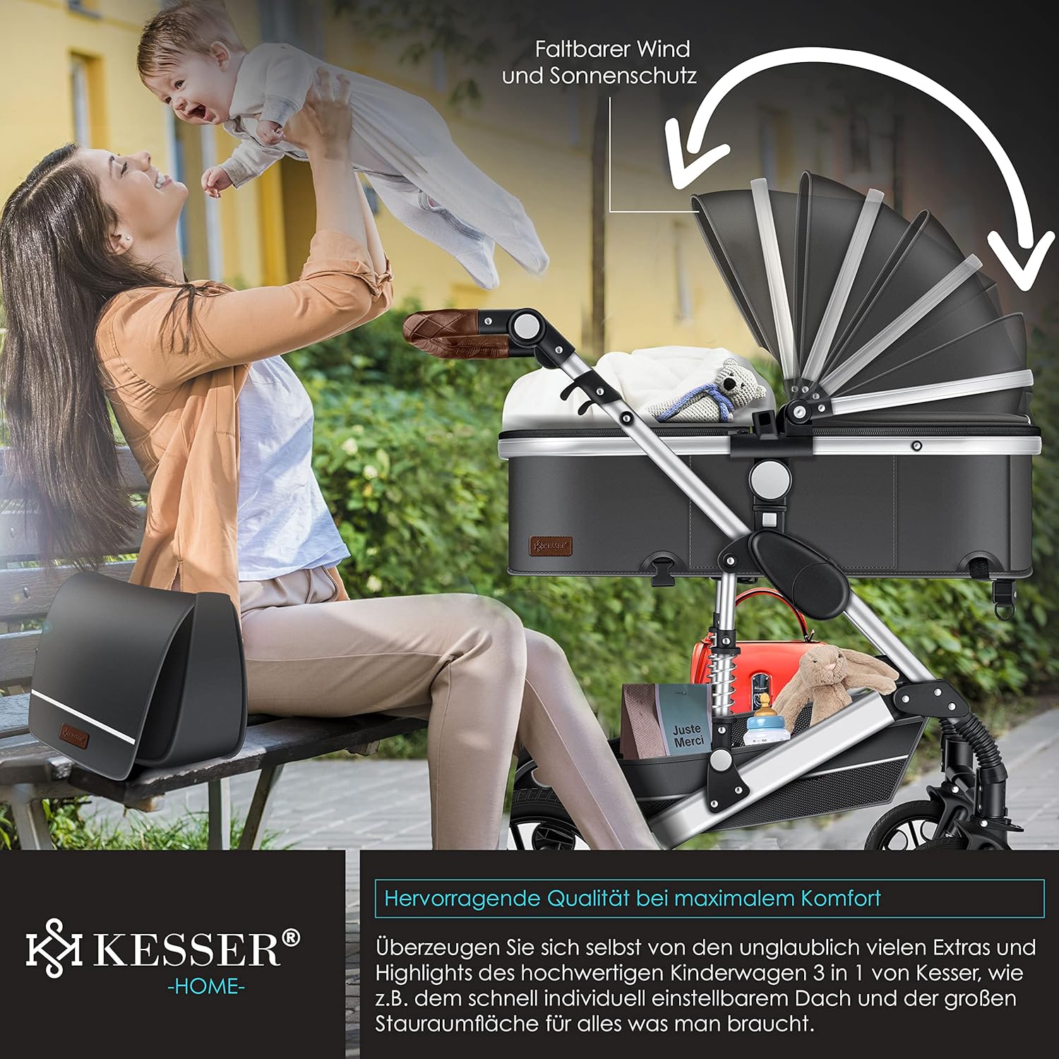 KESSER® Loops 3 in 1 Kinderwagen – Babywanne, Buggy Sportsitz, Auto-Babyschale