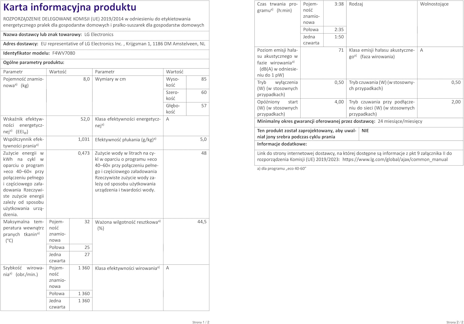 LG F4WV7080 Waschmaschine – 8 kg, 1400 U/min, AI Direct Drive