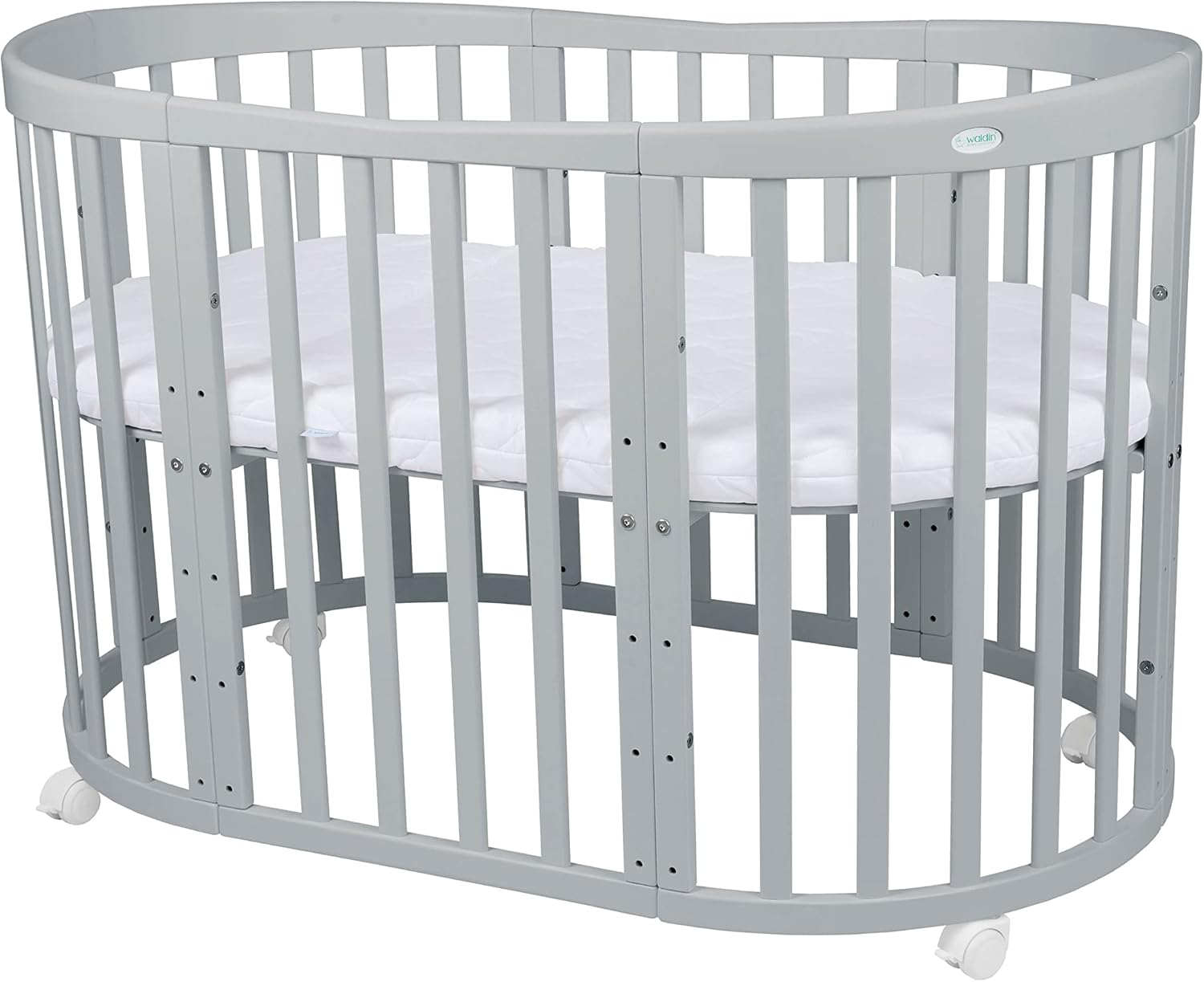 Waldin Oval Baby-Bett 7in1 – Mitwachsend, Gitterbett, Wickelkommode