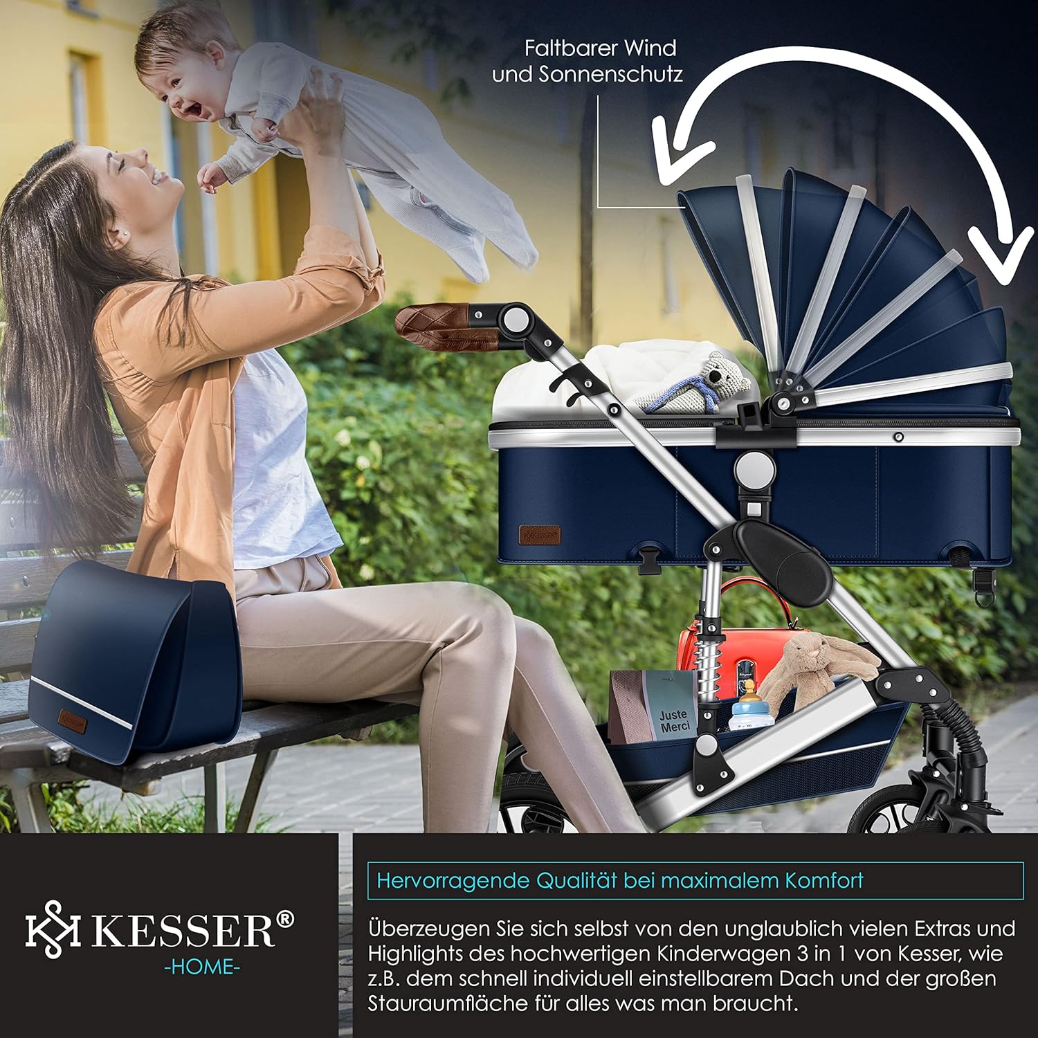 KESSER® Loops 3 in 1 Kinderwagen – Babywanne, Buggy Sportsitz, Auto-Babyschale