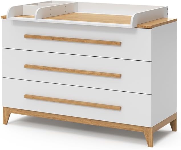 VitaliSpa Wickelkommode Malia XL – 133 x 98 cm, 3 Schubladen, Weiß/Eiche