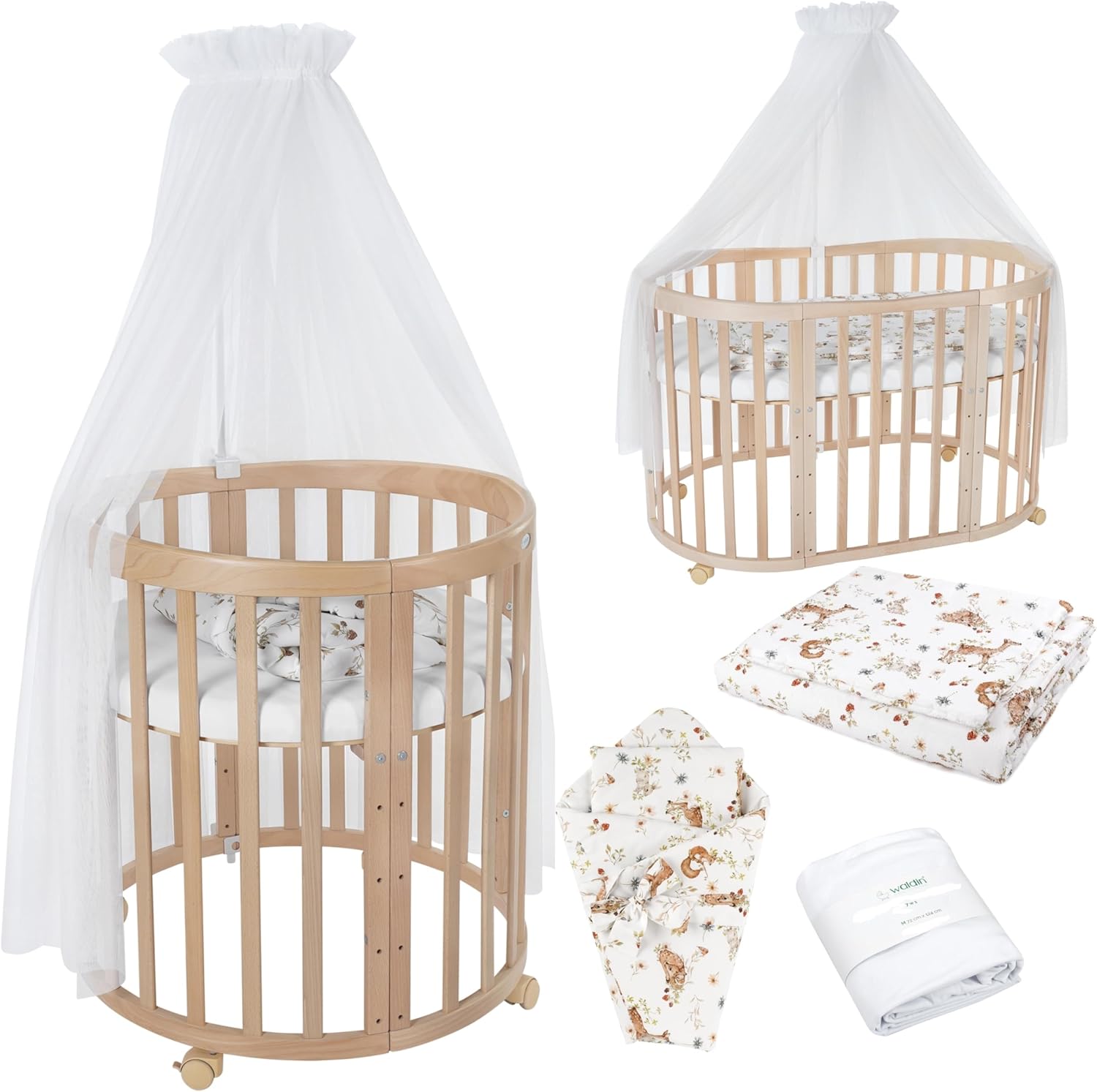 Waldin Oval Baby-Bett 7in1 – Mitwachsend, Gitterbett, Wickelkommode