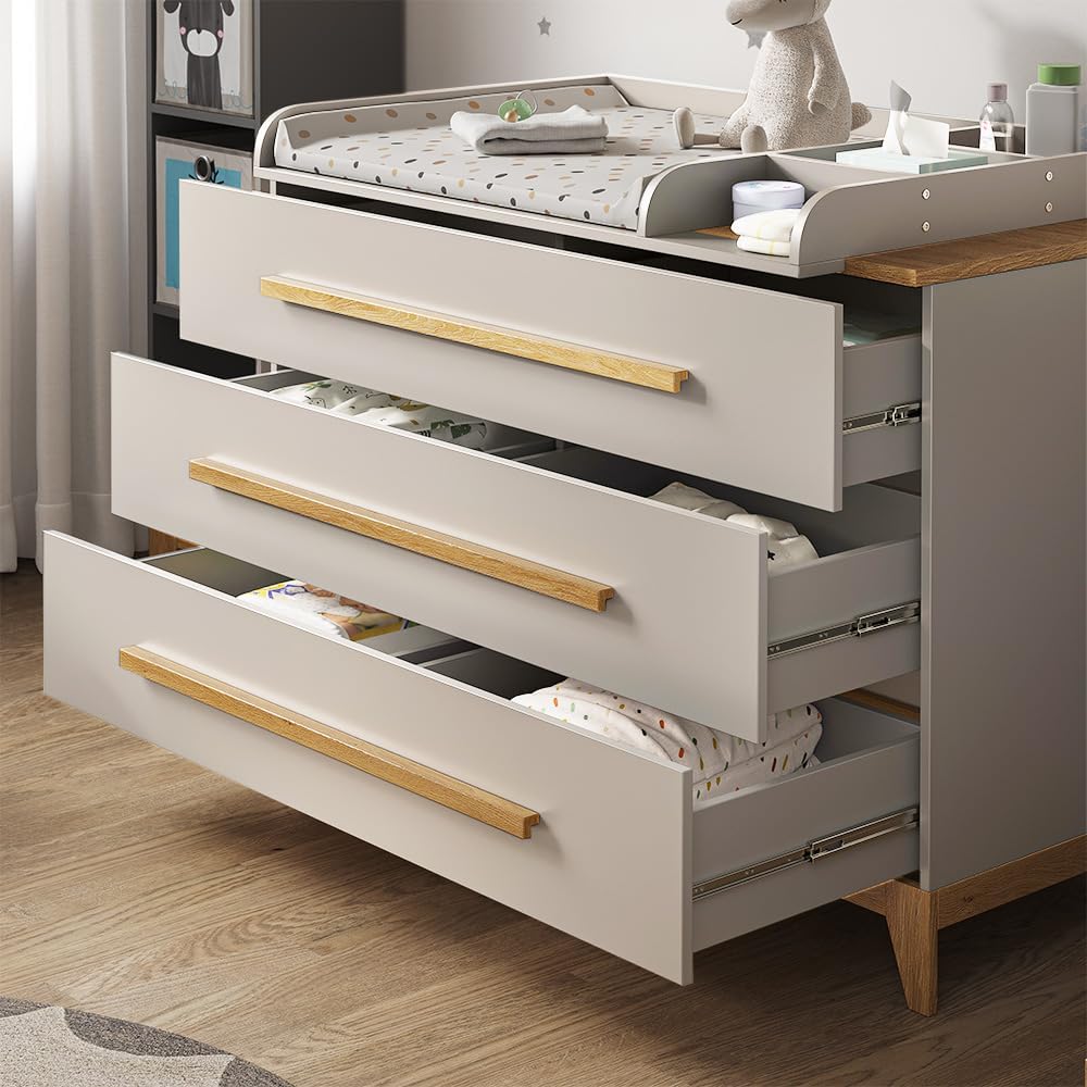 VitaliSpa Wickelkommode Malia XL – 133 x 98 cm, 3 Schubladen, Weiß/Eiche