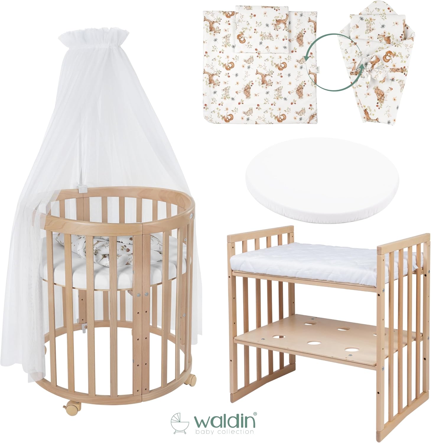 Waldin Oval Baby-Bett 7in1 – Mitwachsend, Gitterbett, Wickelkommode