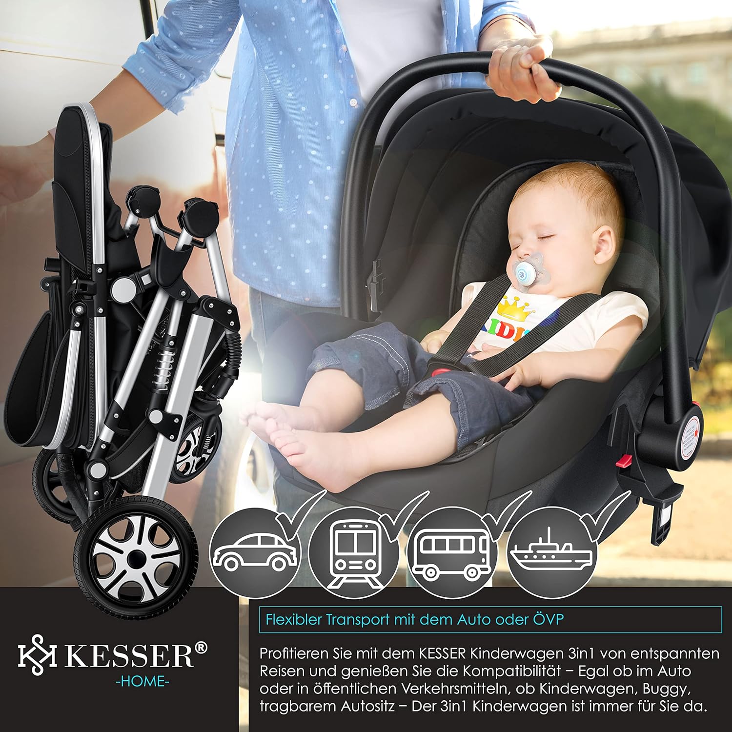 KESSER® Loops 3 in 1 Kinderwagen – Babywanne, Buggy Sportsitz, Auto-Babyschale