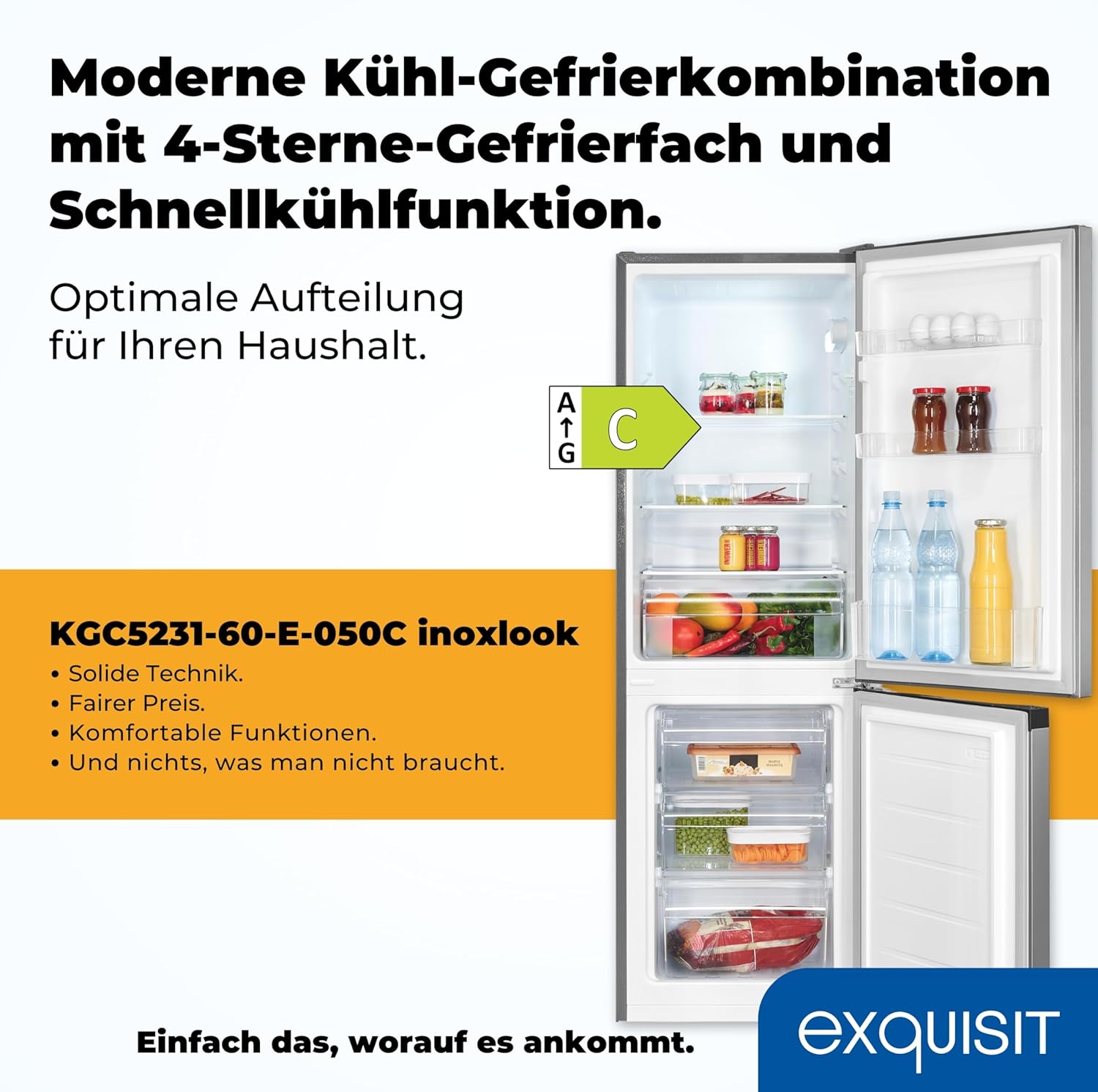 Exquisit Kühl-Gefrierkombination KGC5231-60-E-050C – 157 L, 4-Sterne-Gefrierfach, Alarm-Funktion