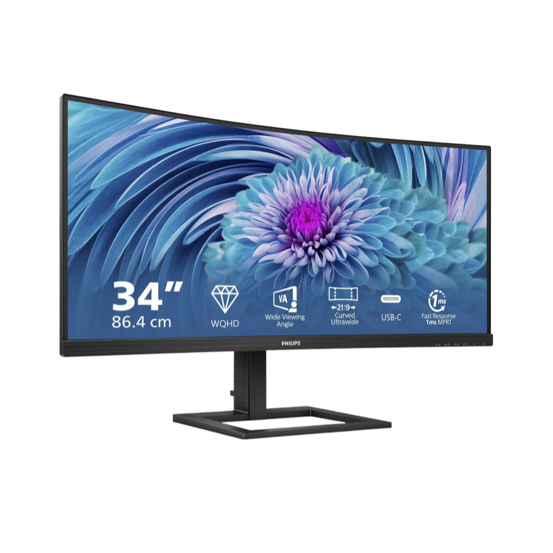 Philips 346E2CUAE – 34 Zoll Curved USB-C Monitor mit WQHD, Ambitler UltraWide & MultiView