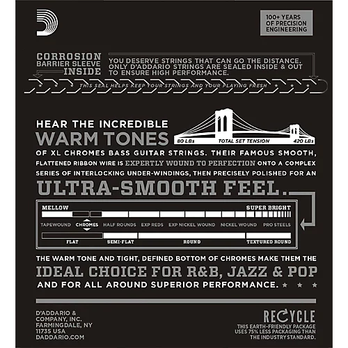 D'Addario ECB81-5SL Chromes Flat Wound 5-String Bass Soft SL Strings