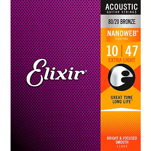 Elixir 80/20 Bronze Acoustic Guitar Strings With NANOWEB Coating, Extra Light (.010-.047)