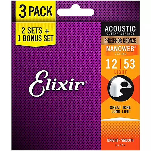Elixir BONUS PACK! NANOWEB Phosphor Bronze Light Acoustic Guitar Strings 3-Pack