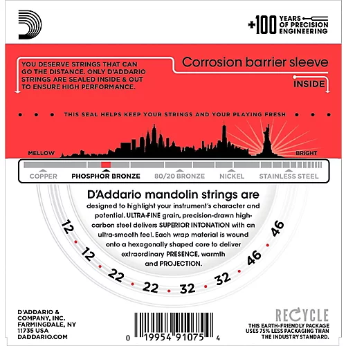 D'Addario EJ80 Octave Mandolin Strings, Medium, 12-46 Phosphor Bronze