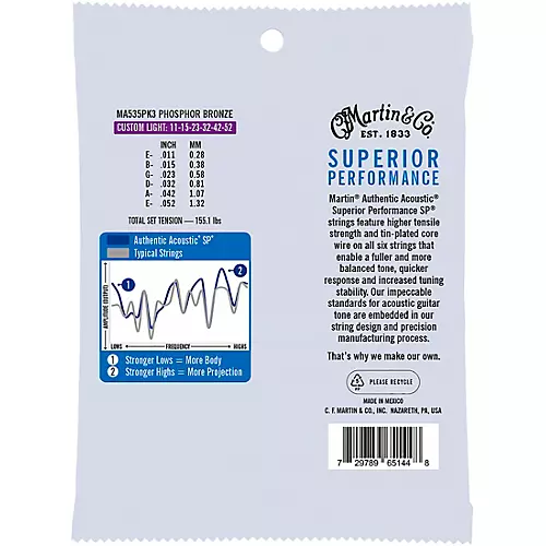 Martin Authentic Acoustic SP Custom Light Phosphor Bronze Guitar Strings 3-Pack 11 - 52