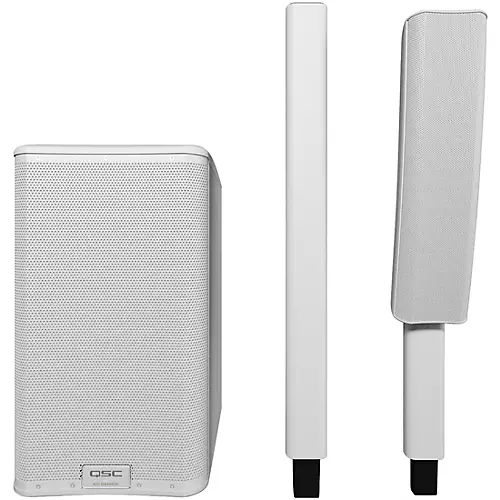 QSC KC12 Active 3-Way Column Speaker Pair With Denon Prime 4+ Standalone DJ Controller & Cables, White