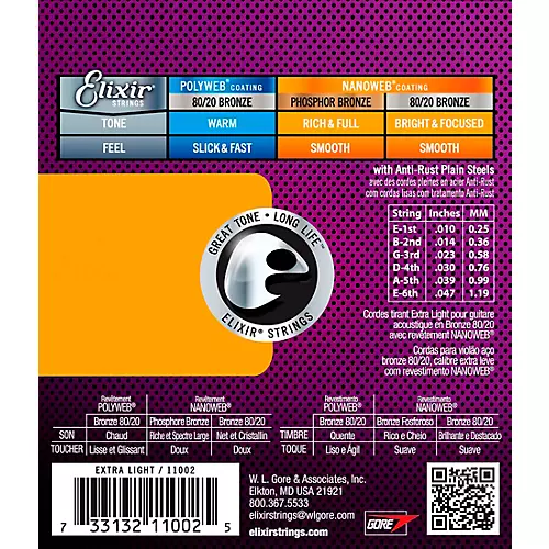Elixir 80/20 Bronze Acoustic Guitar Strings With NANOWEB Coating, Extra Light (.010-.047)