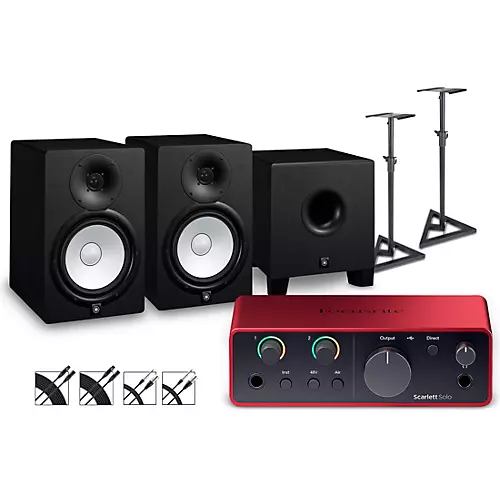 Focusrite Scarlett Solo Gen 4 with Yamaha HS Studio Monitor Pair & HS8S Subwoofer Bundle (Stands & Cables Included) HS8
