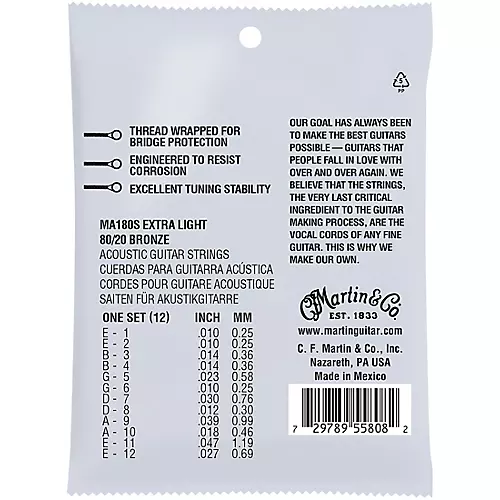 Martin MA180S Marquis 12-String 80/20 Bronze Extra-Light Authentic Acoustic Silked Guitar Strings