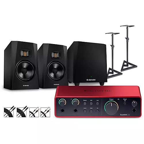 Focusrite Scarlett 2i2 Gen 4 with Adam Audio T-Series Studio Monitor Pair & T10S Subwoofer Bundle (Stands & Cables Included) T7V